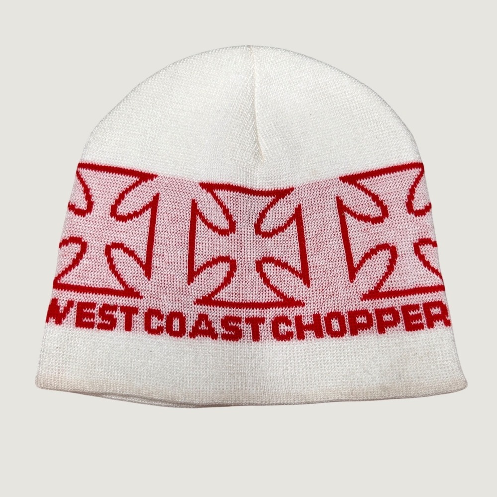 West Coast Choppers Beanie Hat White Red Iron Cross Logo Made in USA Vintage Y2K